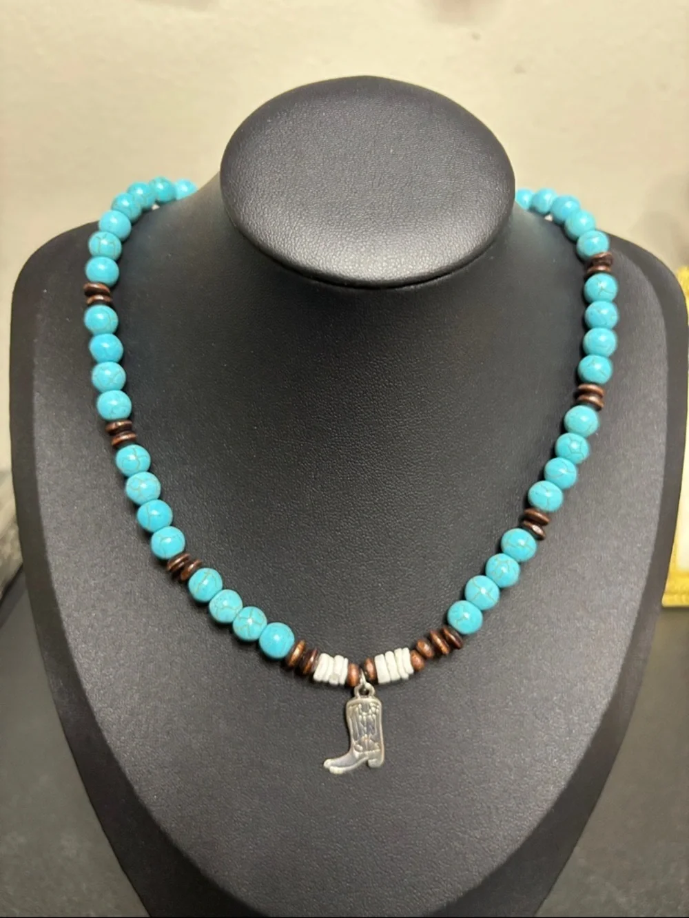 Turquoise Beaded Necklace with Cowboy Boot Charm - Blue Western Boho